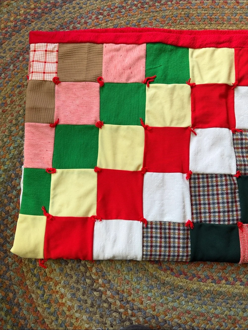 Vintage Homemade Granny Square Patchwork Twin Bed Quilt Blanket